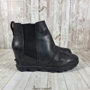 Sorel Lea Wedge Black Leather Chelsea Ankle Boots NL3022-010 Womens 9.5